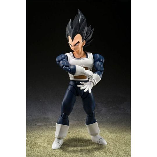 Figurine de collection Vegeta articulée, posture dynamique, fond sombre, Sanctuary Collector